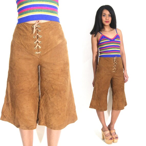 Vintage 70s Brown Suede Lace Up High Waist Shorts… - image 1