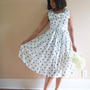 Vintage 60s White Blue Polka Dot Silky High Waist Full Skirt Sailor Dress
