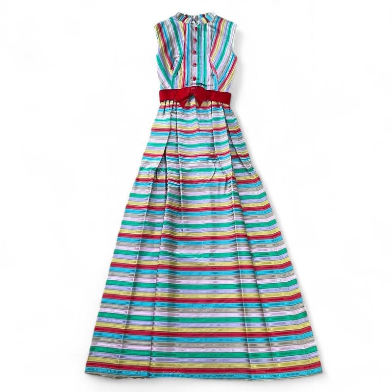 Rainbow Stripe Print V-Neck Maxi Dress