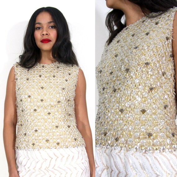 Vintage 50s Beaded Jeweled Crystal White Gold Shell Top Blouse Etsy