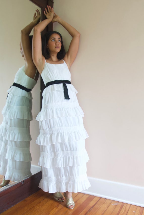 Vintage 70s White Cotton Tiered Ruffled Maxi Dress