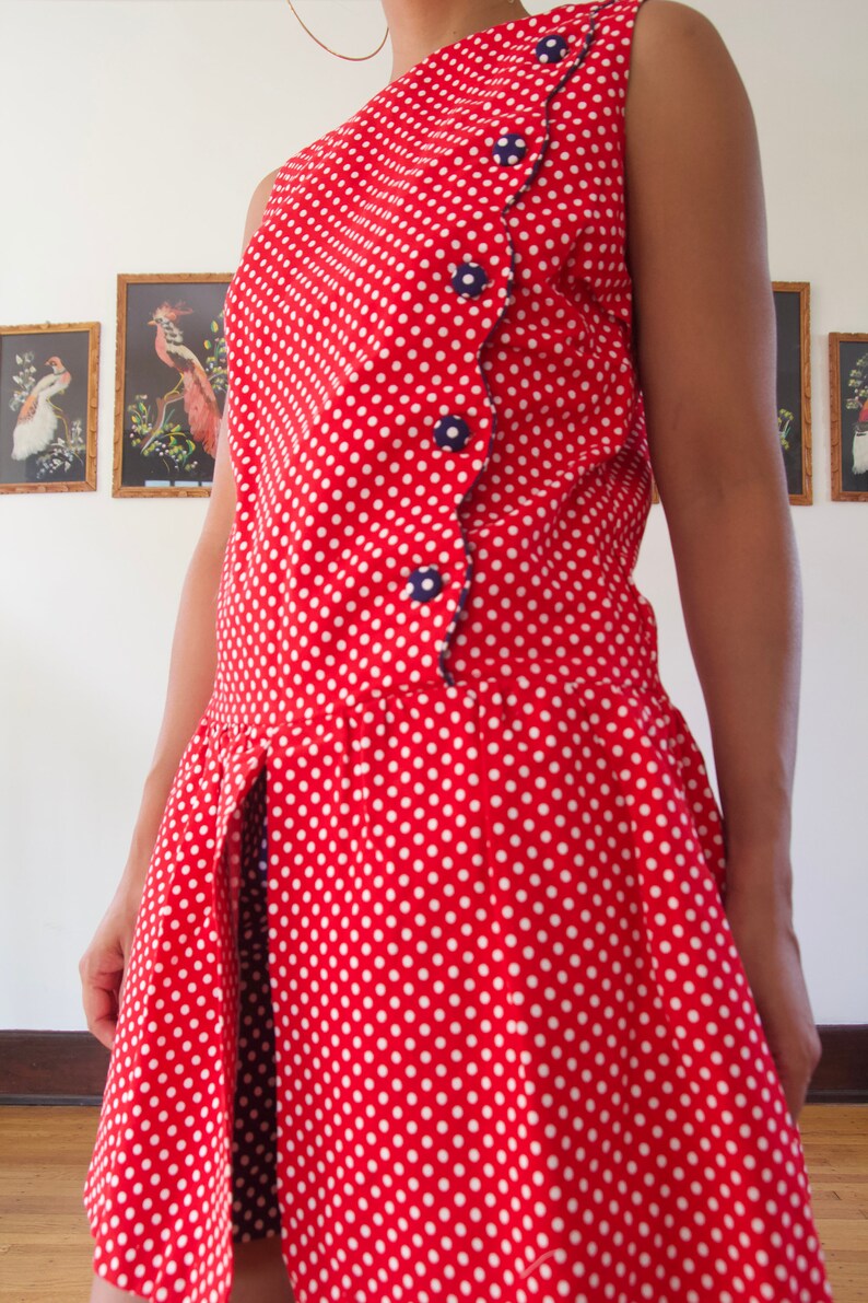 Vintage 60s 70s Red White Blue Polka Dot Scalloped Romper Drop Waist Dress Medium