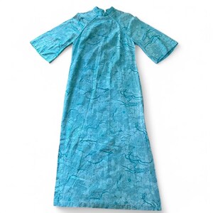 vintage 60s 70s Asian print teal caftan maxi dress medium