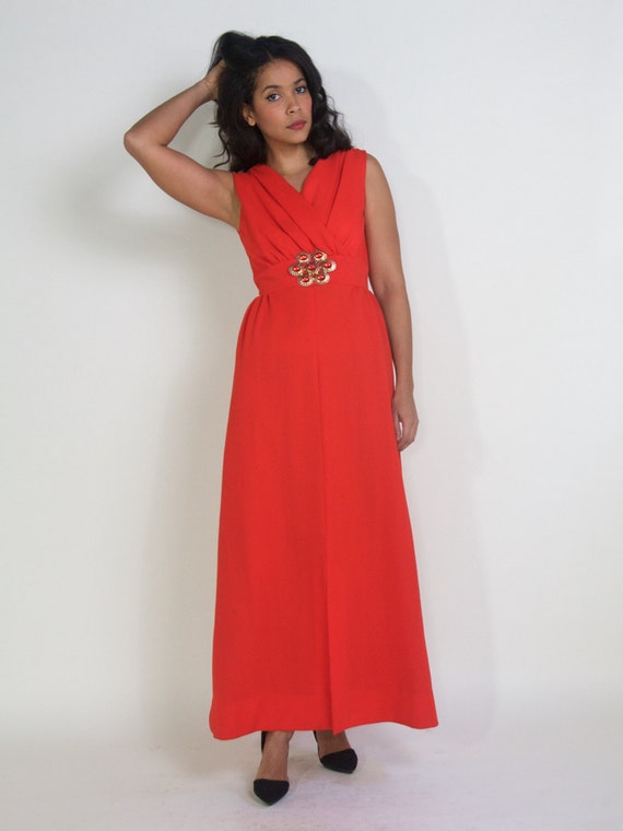 Vintage 60s 70s Orange Red Holiday Party Maxi Dre… - image 2