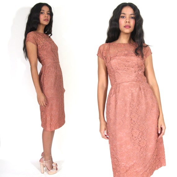 Vintage 50s 60s Mauve Sheer Lace Nude Illusion Wi… - image 1