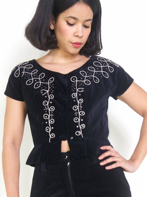 Vintage 50s Black Velvet Crop Top Flared Silver R… - image 4