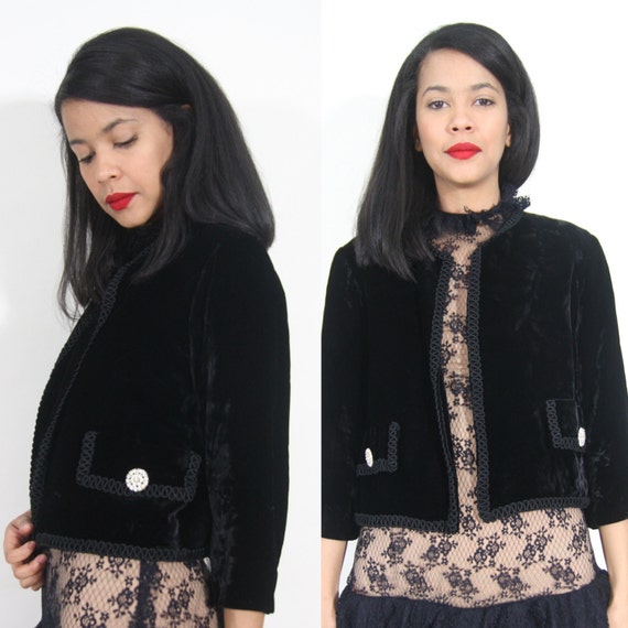 Vintage 50s 60s Black Velvet Cropped Dress Jacket… - image 1