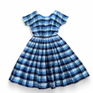 Vintage 50s 60s Cap Sleeve Blue White Plaid Day Dress Full Skirt XSmall