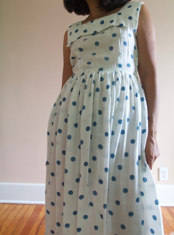 Vintage 60s White Blue Polka Dot Silky High Waist… - image 6