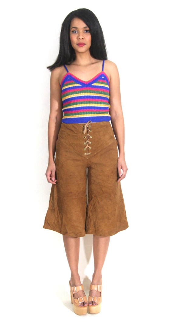 Vintage 70s Brown Suede Lace Up High Waist Shorts… - image 3