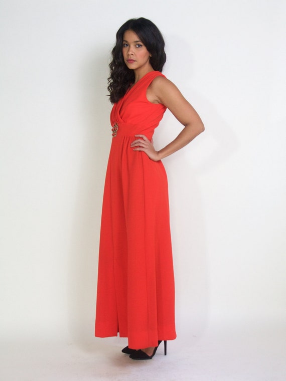 Vintage 60s 70s Orange Red Holiday Party Maxi Dre… - image 4