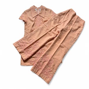 vintage 60s 70s peach coral embroidered two piece set tunic bell bottom pant outfit small medium