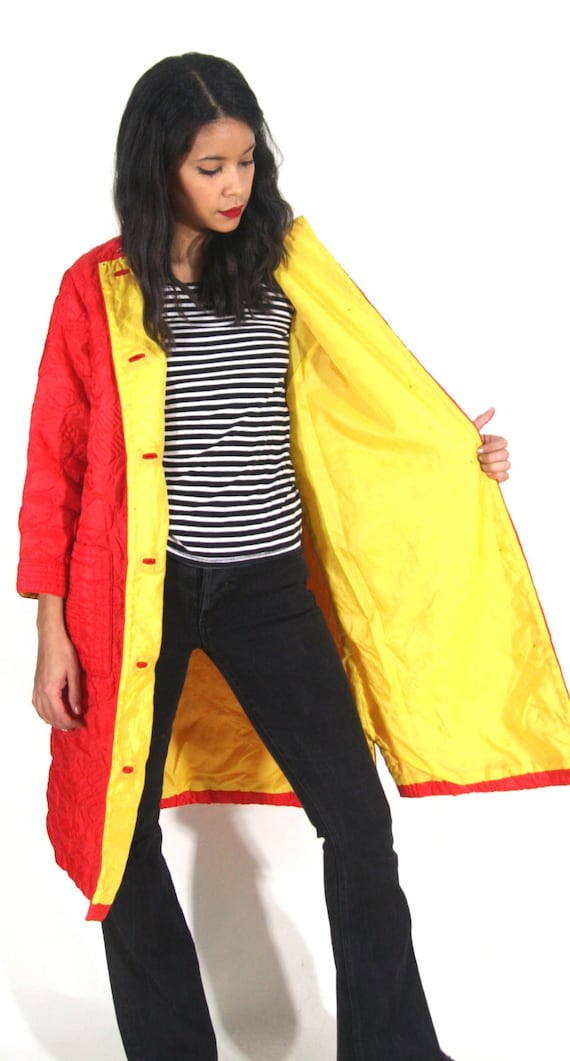 Vintage 70s Red Yellow Asian Chinese Quilted Puffy Coat Jacket Embroidered Hippie