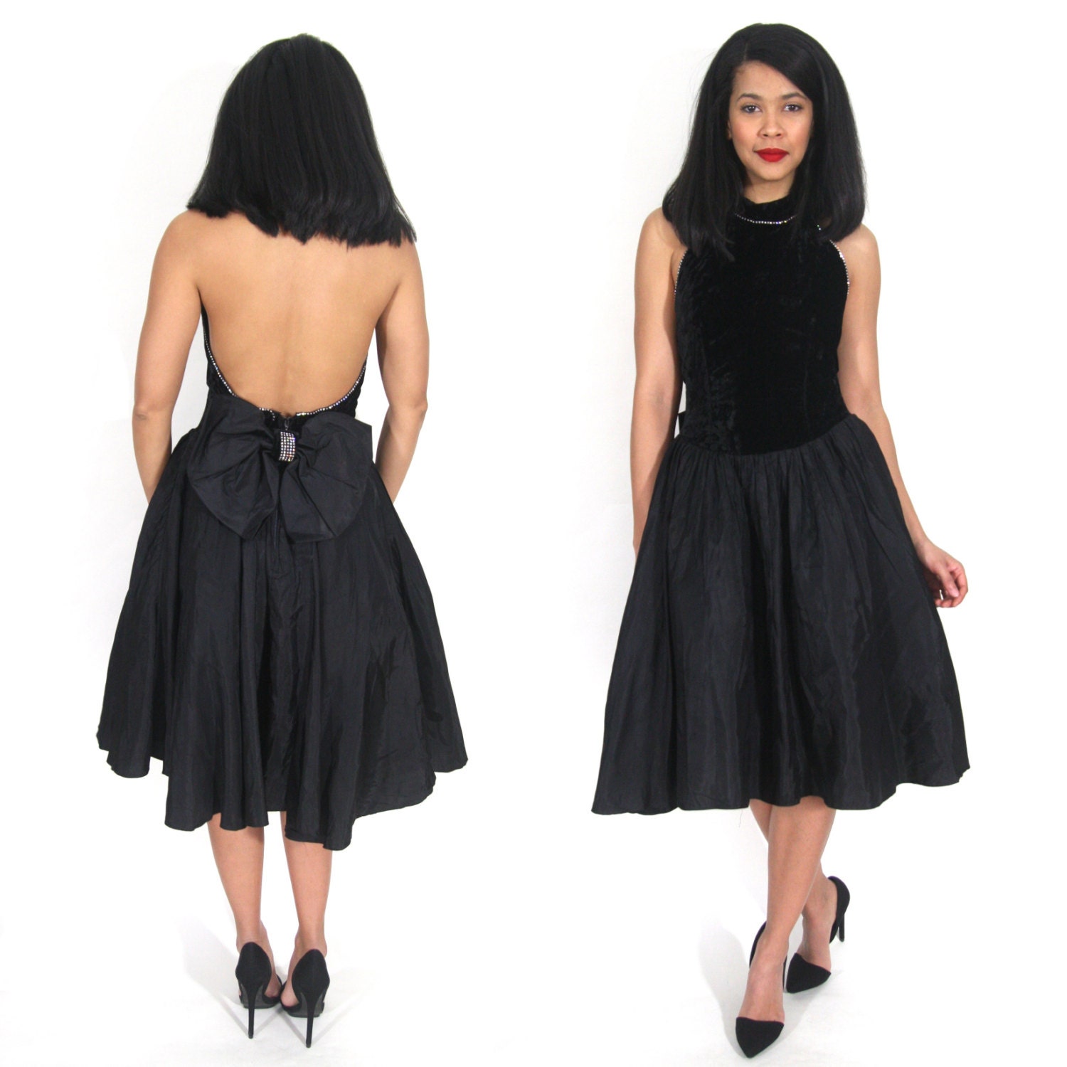 Retro pink sheer and velvet Backless Halter dress main image 0
