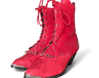 Botas vintage de cuero rojo con cordones y flecos de los años 70 y 80, estilo ropero, talla 6