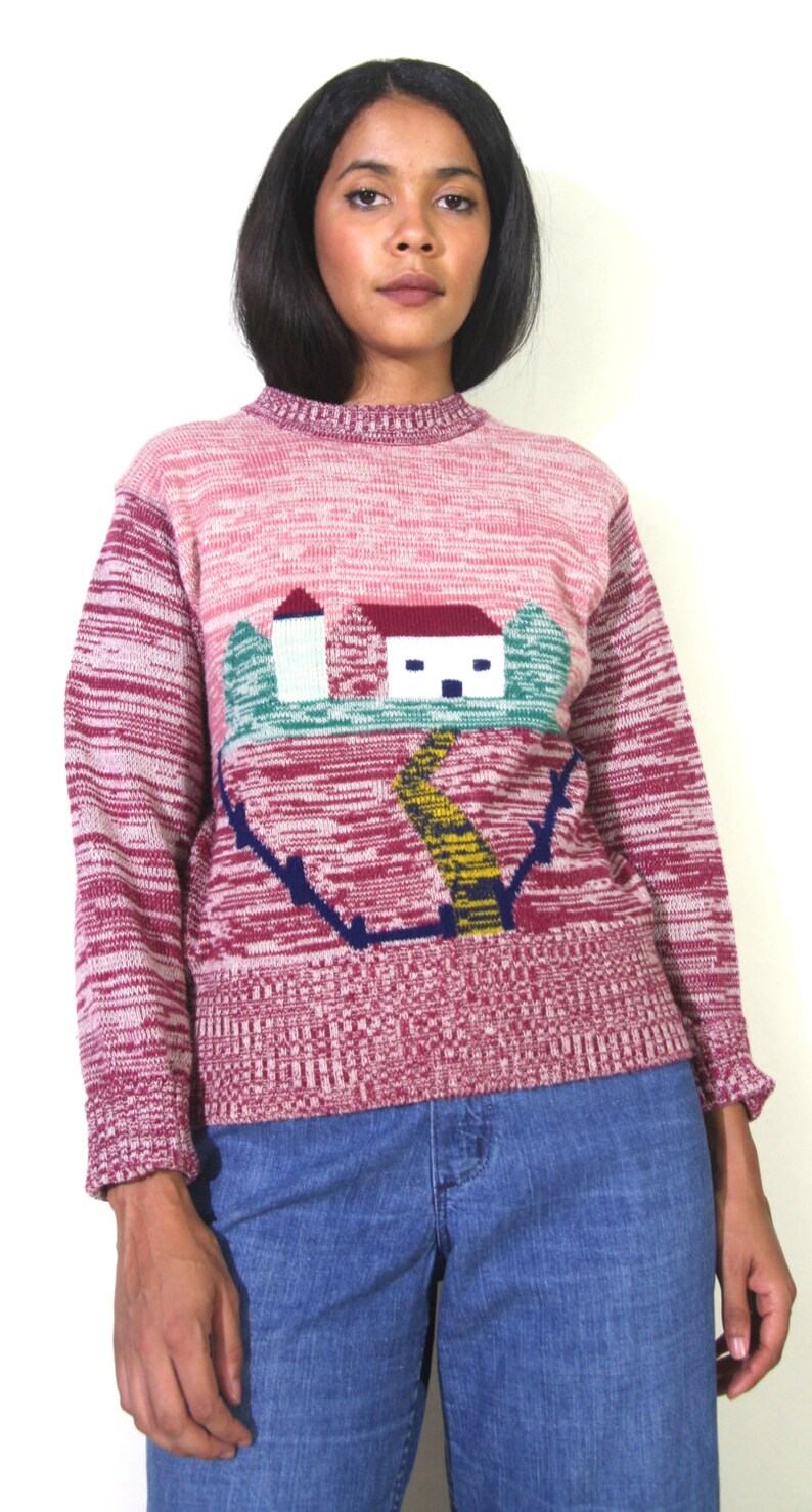 Vintage 70s House Village Scene Novelty Space Dye Knit Sweater Hippie