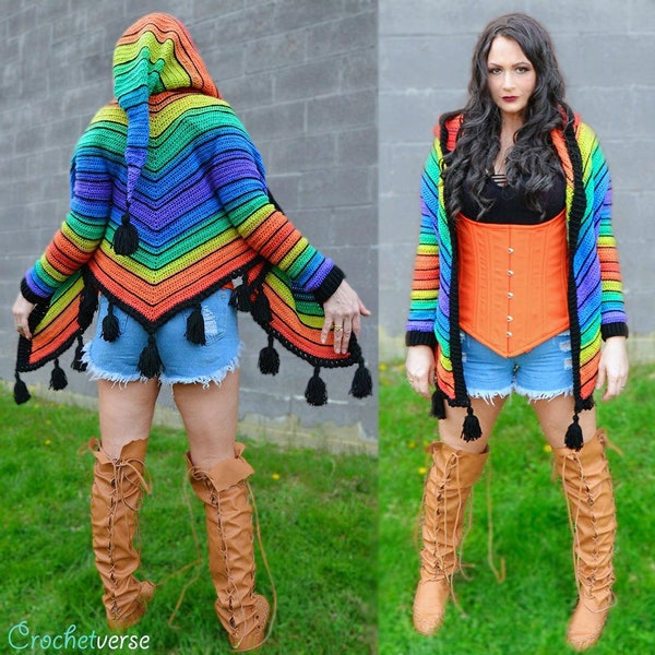 Rainbow Fairy Crochet Sweater Coat Pattern Boho Goddess Hippie Hooded Floral Pixie 0/3m to Women's Plus!