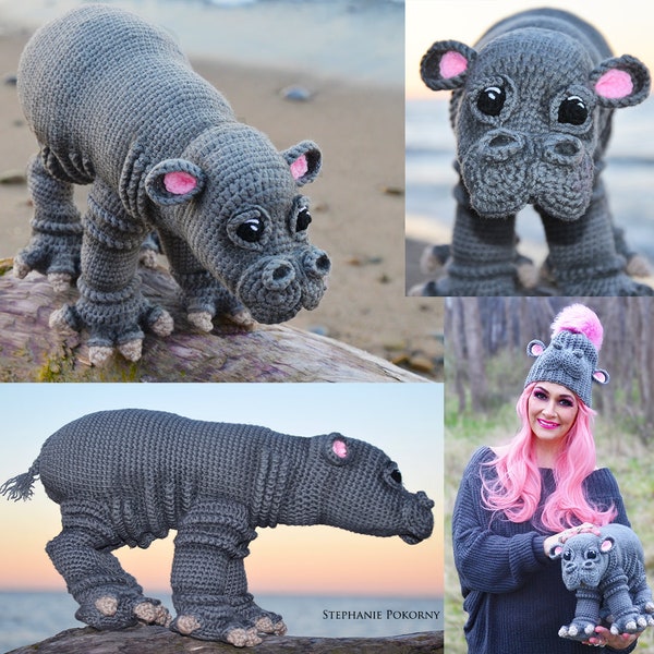 Crochet Hippo PATTERN Life Size Realistic Baby Pygmy Hippopotamus  & HAT (not finished item, PDF Instructions) Fiona House Hippo