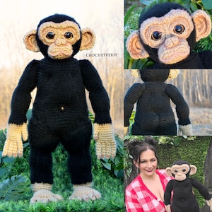May include: A crocheted chimpanzee doll with black fur, brown eyes, and beige hands and feet. The doll is standing on a green grassy surface. The image also shows a close-up of the doll's face and a woman holding a smaller version of the doll.