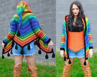 Rainbow Fairy Crochet Sweater Coat Pattern Boho Goddess Hippie Hooded Floral Pixie 0/3m to Women's Plus!