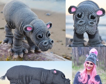 Crochet Hippo PATTERN Life Size Realistic Baby Pygmy Hippopotamus  & HAT (not finished item, PDF Instructions) Fiona House Hippo