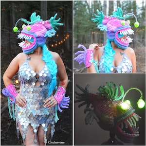 Angler Fish Crochet Hat Costume & Wrist Gauntlets Fantasy Under the Sea Cosplay Mermaid Octopus Costume image 1