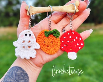 Halloween Crochet Pattern DIGITAL PDF, ghost pumpkin mushroom amanita keychain ornament fast lucky penny