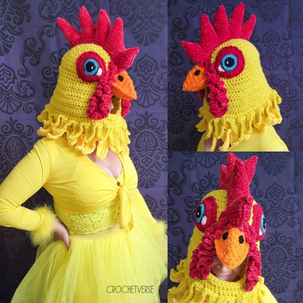 Patrón de sombrero de pollo de ganchillo DIGITAL PDF Traje Tocado Gallo Cosplay Capucha icónica realista Animal de granja