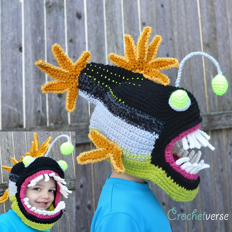 Angler Fish Crochet Hat Costume & Wrist Gauntlets Fantasy Under the Sea Cosplay Mermaid Octopus Costume image 5