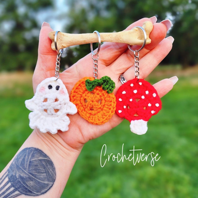 Halloween Crochet Pattern DIGITAL PDF, ghost pumpkin mushroom amanita keychain ornament fast lucky penny image 1