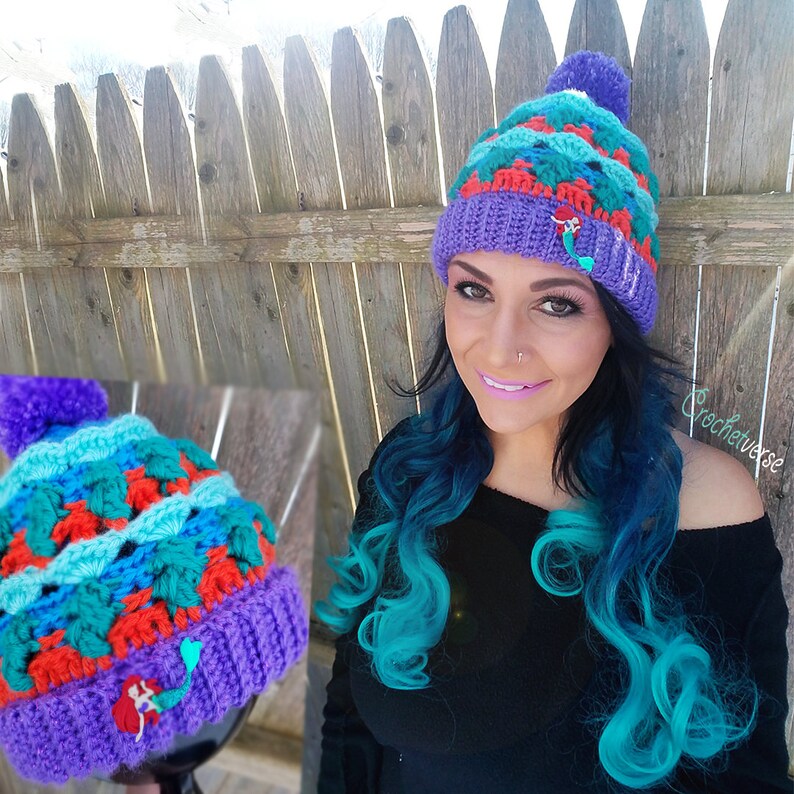 Mermaid Tail Cabled Hat Crochet Pattern Messy Bun, Slouchy, & Full Fantasy and Class in one image 2
