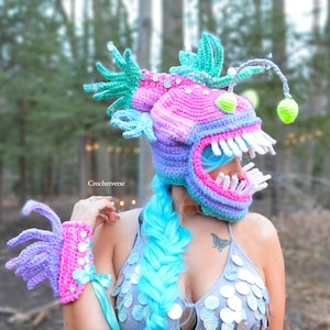 Angler Fish Crochet Hat Costume & Wrist Gauntlets Fantasy Under the Sea Cosplay Mermaid Octopus Costume image 2