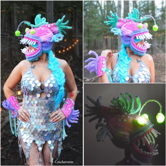 Angler Fish Crochet Hat Costume & Wrist Gauntlets Fantasy Under the Sea  Cosplay Mermaid Octopus Costume 