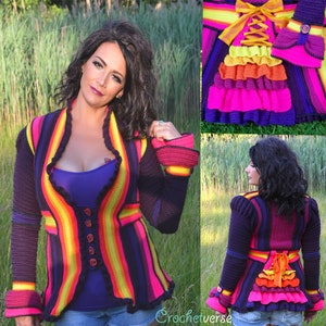 May include: A colourful crocheted jacket with a rainbow striped pattern, purple sleeves, and a ruffled hem. The jacket has a tie at the back and a crocheted flower detail on the sleeve.