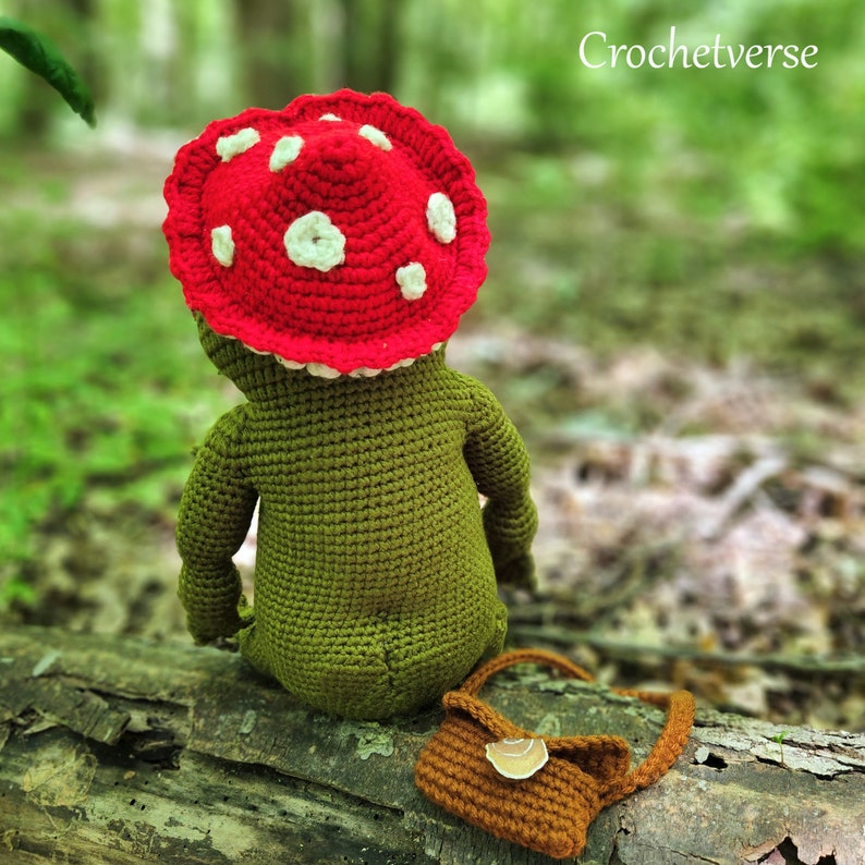 May include: A crocheted green frog wearing a red and white mushroom hat and carrying a brown crocheted purse. The frog is sitting on a log in a woodland setting.