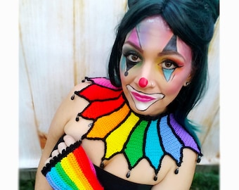 Crochet Rainbow Clown Costume Collar & Fingerless Gloves/Wristlets Pattern, Four Sizes! Halloween!