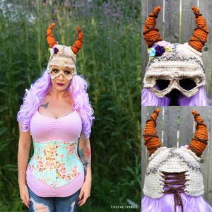 Skull & Bird Mask Hat Costume Cosplay Crochet Pattern Raven Masquerade Horned Half Face Wiccan Warrior Helmet Viking PDF DOWNLOAD ONLY image 3