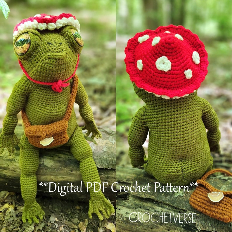 May include: Crochet pattern for a green frog wearing a red and white mushroom hat and a brown bag. The pattern is digital and available as a PDF download. **Digital PDF Crochet Pattern** CROCHETVERSE