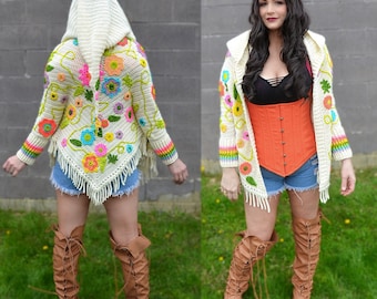 Floral Fairy Crochet Sweater Coat Pattern Boho Goddess Hippie Hooded Rainbow Pixie 0/3m to Women's Plus!