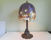 Large Stained Glass Table Lamp Blue with White Flowers Very Heavy Lamp