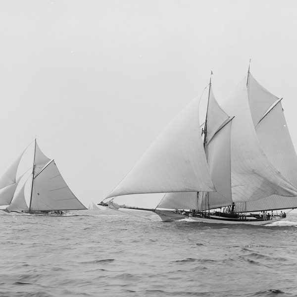 Sailing, 1892, Sailboats Quickstep and Gloriana, Yacht, Boat, B&W, Black and White, Photo, New Print Reproduction of an Old Photograph