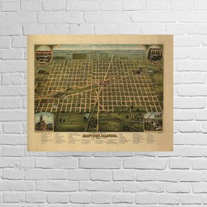 Mattoon, Illinois 1884, Bird&#39;s Eye View-Map Print New Reproduction