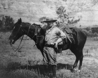 Theodore Roosevelt, Teddy Roosevelt in 1910 with Horse, Black and White Picture, New Reproduction Photo