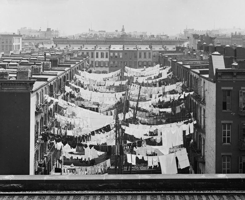 Laundry between buildings, New York City, Around 1900, Park and 107th, Old Photo, Black and White, New Reproduction Picture image 1