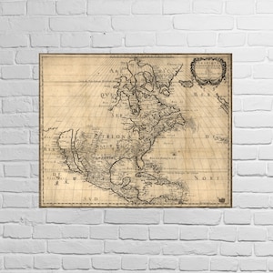 May include: An antique map of North America, printed in black and white on aged paper. The map shows the coastline of North America, the Caribbean Islands, and parts of South America. The map is titled "Amerique Septentrionale" and includes text in French.