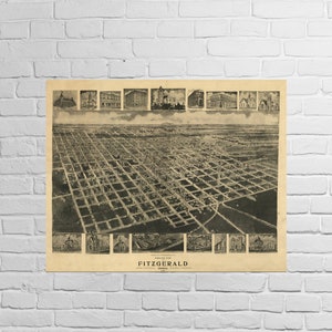 May include: An antique black and white aerial view map of Fitzgerald, Georgia. The map shows the city's layout with streets, buildings, and a few prominent landmarks. The map is surrounded by smaller images of buildings and churches.