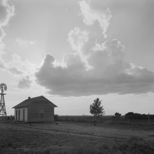 West Texas, Old Farm with Windmill, Dust Bowl, 1930s, Old Photo, Black and White, New Reproduction Picture