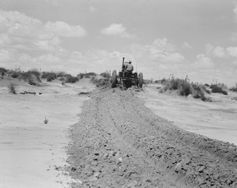 1930s, Dust Bowl, Farmer and Tractor, near Dalhart, TX, Dust Storm Era, 1937, Old Photo, Black and White, New Reproduction Picture