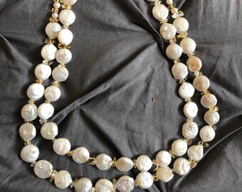 Freshwater Coin Pearls and Citrine Chips Double Strand Necklace