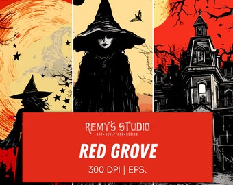 Red Grove - Woodblock Witch Haunted House Halloween EPS Vector Set
